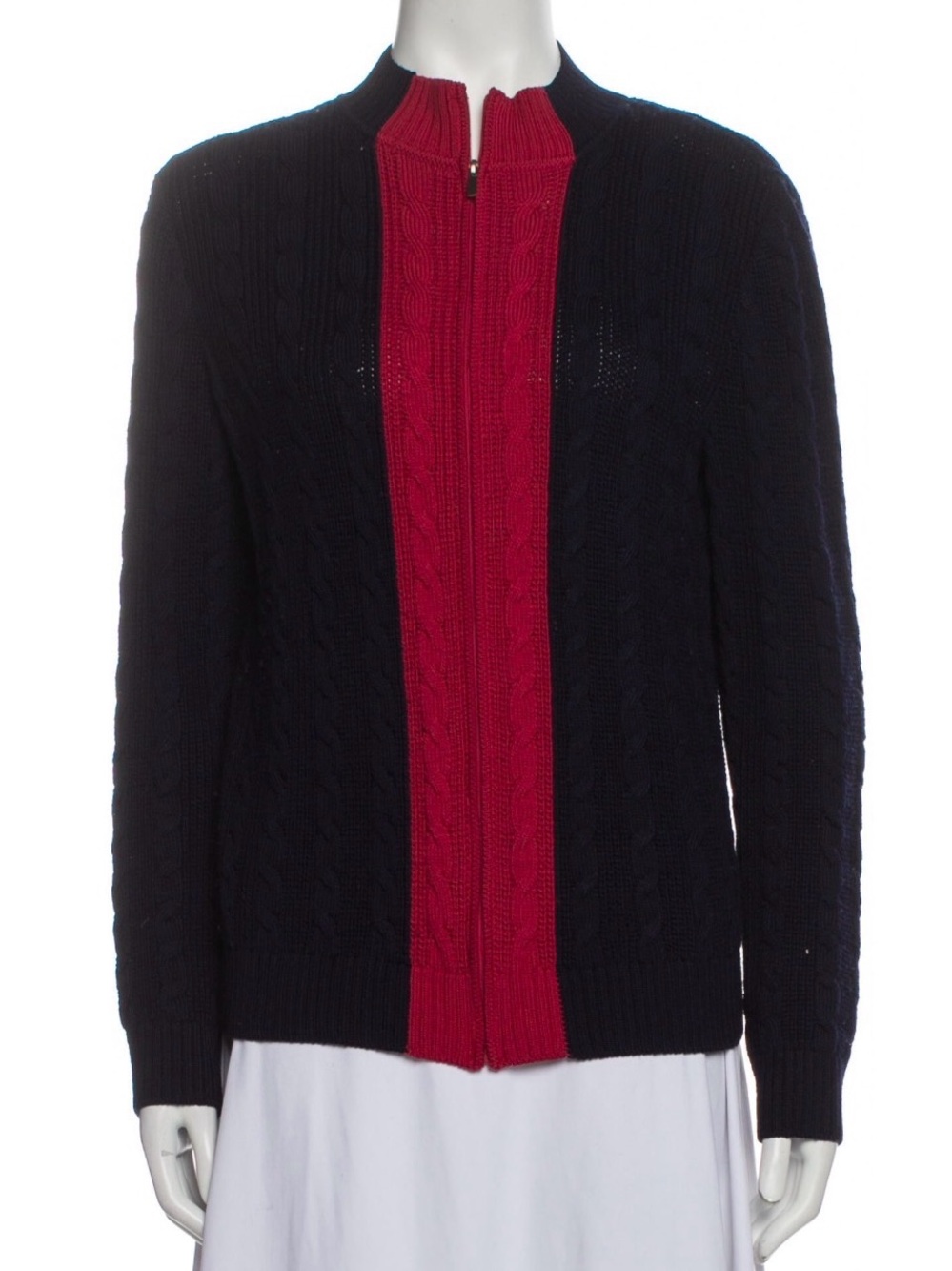 St. John Mock Neck Navy Cable Knit Zip Cardigan with Red Panel - Size Small - Picture 8 of 11